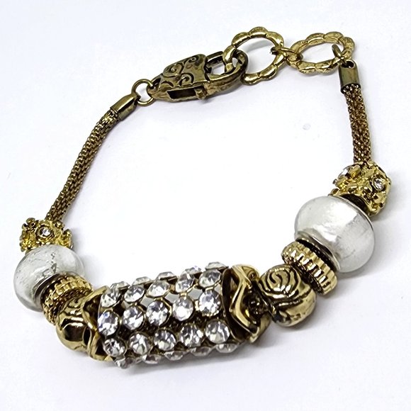 Gold and White Rhinestone Beaded Charm Lobster Claw Clasp Bracelet - Picture 2 of 8